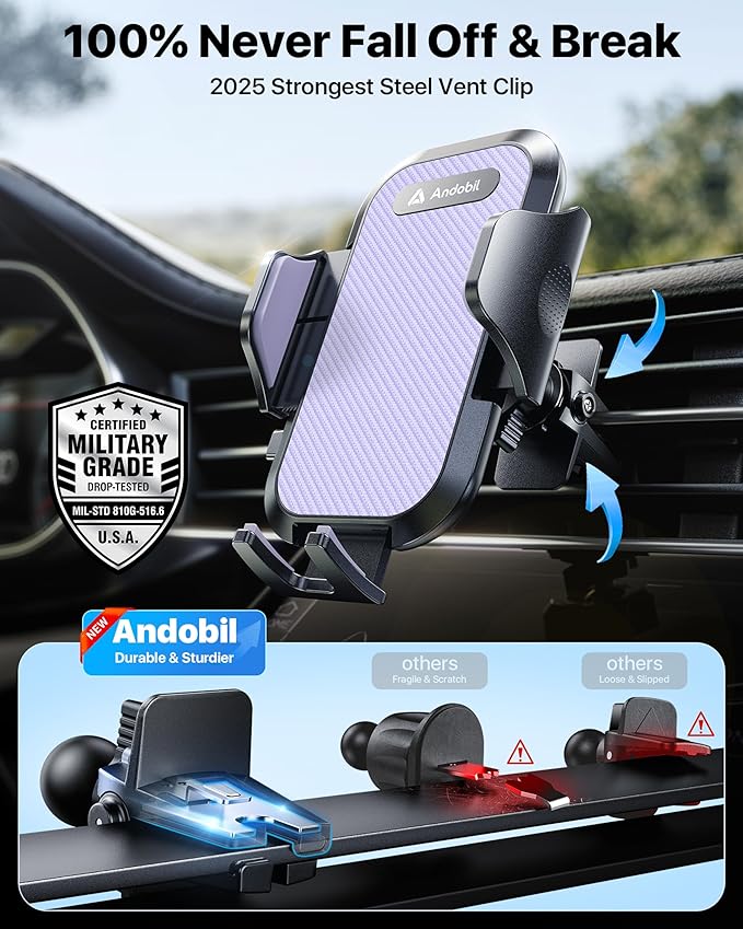andobil 2026 Upgraded Car Phone Holder Mount, Military-Grade Phone Holders for Your Car Vent Stable Metal Clip Universal 360° Cell Phone Car Mount for iPhone 17 Pro Max 16/15/14/13/12/ Samsung, Purple