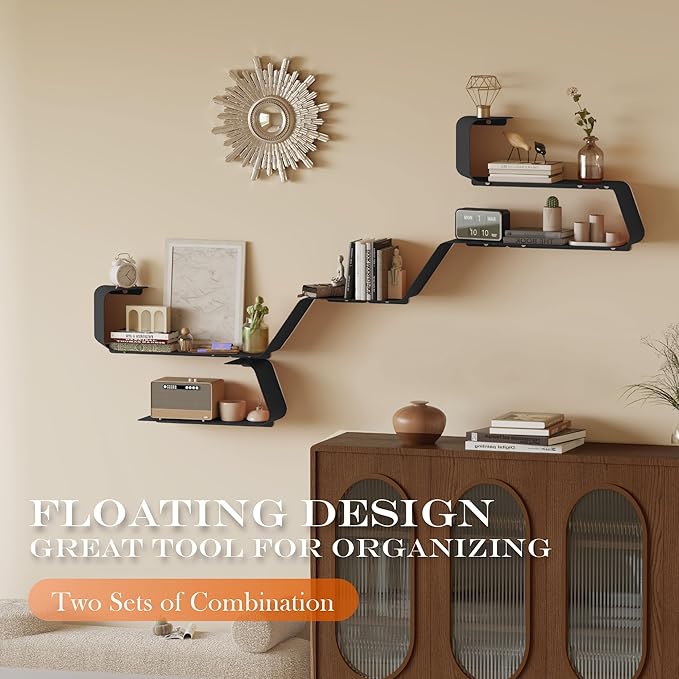 Floating Shelves, Set of 3 Wall Mounted Metal Shelves with Unique Design for Wall Storage, Book Shelf, Display Shelves for Bathroom Bedroom Kitchen Living Room, Black