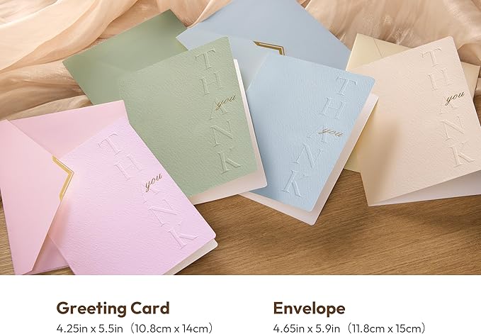 20 Pack Thank You Cards with Envelopes, 4.25×5.5 Inch Textured Thank You Notes, Multicolor with Raised Embossed Letters and Gold Foil Seal Envelopes, Blank Inside for Wedding Baby Shower Business