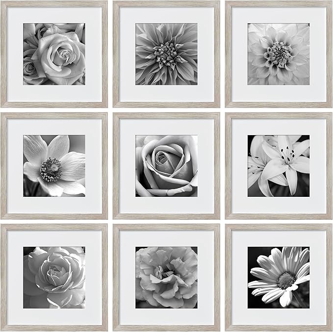 eletecpro 12x12 Picture Frames Set of 9 with Mat for 8x8 Photos or without Mat for 12x12, Square Gallery Wall Decor Collage for Picture Display, Beige Drift Wood Frame Set for Wall Hanging
