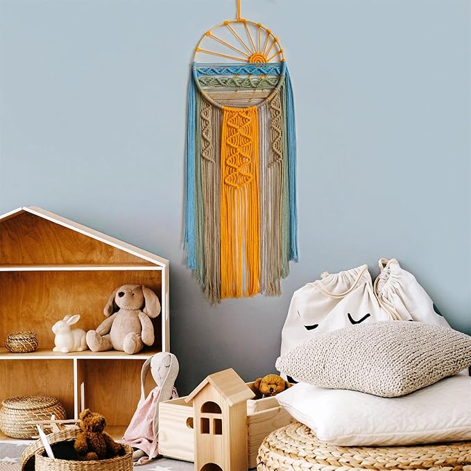 LB Macrame Wall Hanging Boho Macrame Wall Decor, Sunset Wall Art Dream Catcher Hand Woven Wall Art Boho Colorful Sun Tapestry for Bedroom Living Room Nursery Office Backdrop, 10x33 Inch