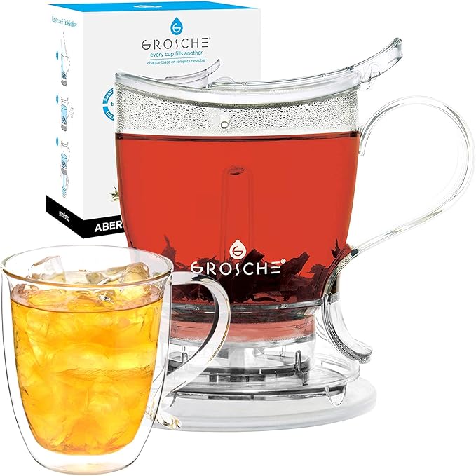GROSCHE Aberdeen 34 oz tea pot and bottom dispensing tea steeper and Cyprus Large 16 oz double walled glass mug set