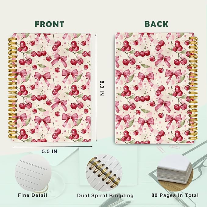 Coquette Pink Bow Cherry Spiral Notebook for Women Girls, Vintage Journaling Notebooks, Cute Pink Notebook Journal, Pink Office Supplies, Hardcover Spiral Lined Notebook 5.5 x 8.3