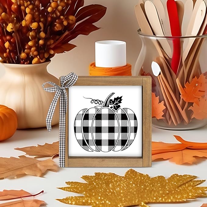 Black and White Checkered Pumpkin Sign, Wooden Fall Halloween Thanksgiving Decorative Signage Plaques Decor, Indoor Table Shelf Tiered Tray Desk Wall Art Rustic Farmhouse Home Decorations