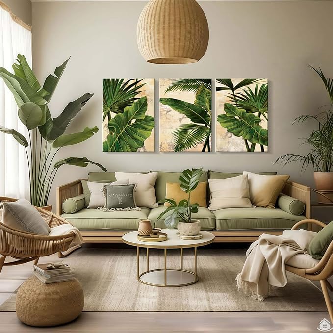 3pcs Framed Palm Leaves Banana Leaf Tropical Plants Wall Art Decor Canvas Print Nature Style Home Greenery Pictures Poster Gallery Bedroom Living Room Studio 12x16 Inch Ready to Hang