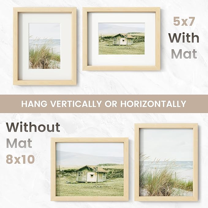 8x10 Picture Frame Set of 3, USA-Sourced Natural Maple Wood Photo Collage Frame with HD Tempered Glass, Modern Simple 8 x 10 Wooden Frame Matted to 5x7, Gallery Frames for Art Wall or Tabletop Display