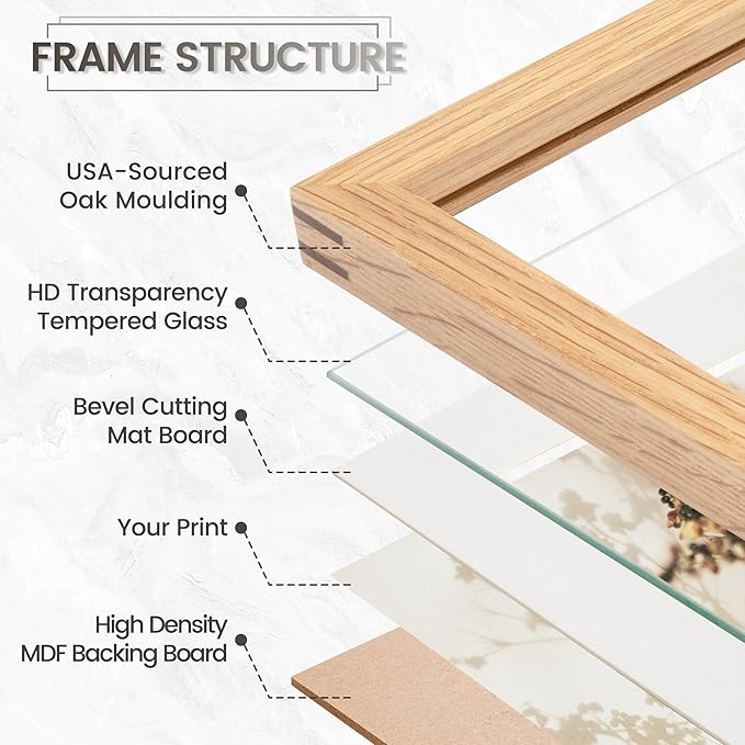 11x14 Picture Frame, USA-Sourced Natural Oak Wood Photo Collage Frame with HD Tempered Glass, Modern Simple 11 x 14 Wooden Frame Matted to 8x10, Vertical & Horizontal Wall Hanging Display
