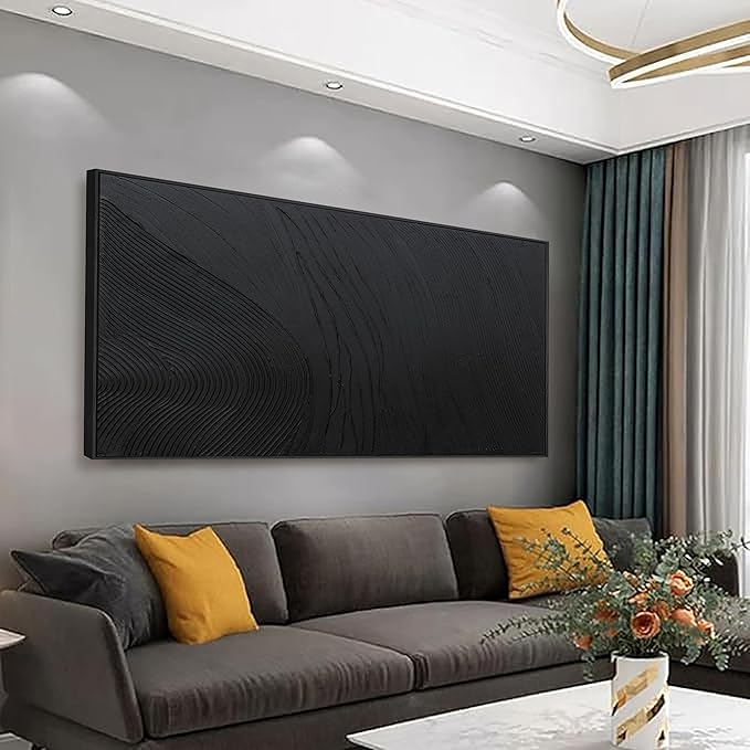 Framed Abstract Wall Art For Living Room Wall Decor Artwork 48" W X 24" H Black Hand Painted Line Texture Canvas In Large Abstract Artwork For Living Room Bedroom Office Modern Glam Decor Ready To Hang