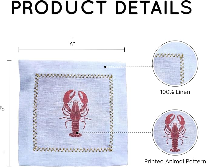 Cocktail Napkins Set of 6, 6x6 inch, 100% Linen, Printed Animal Pattern, Reusable & Washable Cloth Coasters for Beverages, Hosting, Gifting & Everyday Use (Lobster)