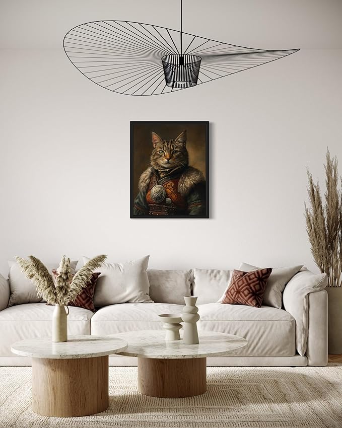 Viking Cat Art Poster Print, Cat Kitten Painting Humor Portrait Pet Artwork Decor Gallery A8 (11 x 14 inches, Black Frame)