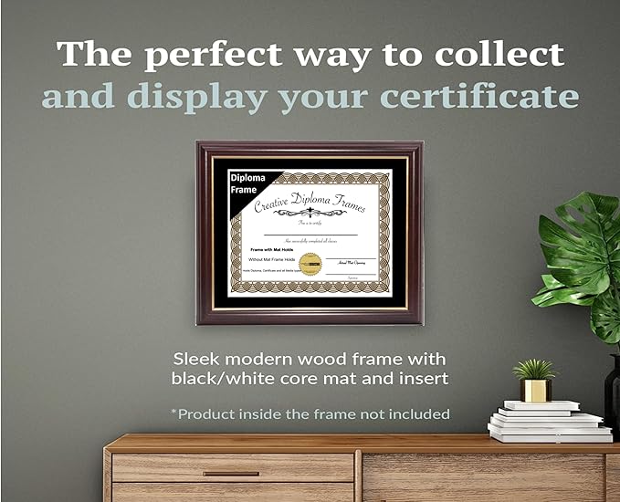 Creative Picture Frames 11x16 Mahogany Gold Rim Diploma Frame with Black Mat Glass and Installed Wall Hangers | Frame Holds 14x18 Media without Mat