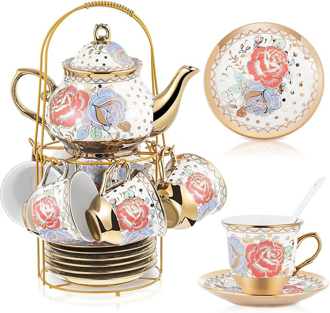 Zhehao 20 Pcs Porcelain Tea Set with Metal Holder and Spoon Adult Ceramic Tea Set European Flower Painting Teapot Cup Saucer Spoon for Women, Large Version(Romantic Style)