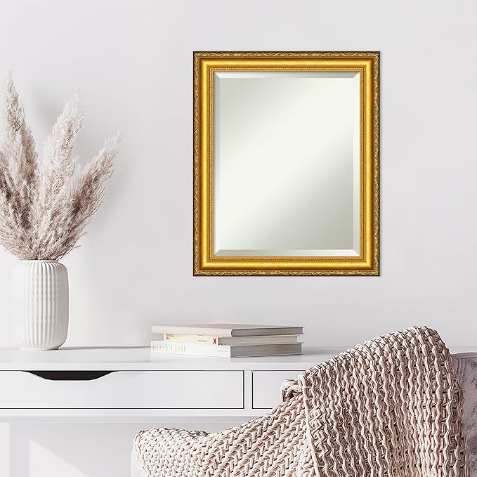Amanti Art Gold Wall Mirror 24x20 Colonial Embossed Gold Rectangle Bathroom Mirror for Wall Decor Living Room, Small Traditional Wood Frame, Hangs Horizonally and Vertically, Bathroom Decor, Beveled