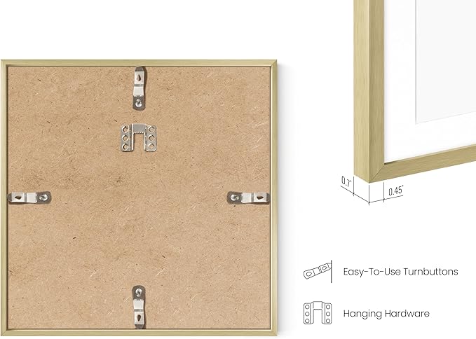 HAUS AND HUES 8x8 Gold Metal Picture Frame Matted to 4x4 - Features Premium Aluminum & Hanging Hardware, Shatterproof Plexiglass - Ideal for Home, Office (8x8 in, Gold, Set of 1)