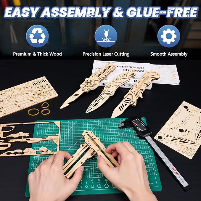 3D Wooden Puzzle for Adults: 3-in-1 DIY Wooden Puzzles Knife Kit - 134 Pcs Brain Teaser Mechanical Model Building Toy for Adult Hobby - Wooden Craft Art Unique Gift Idea for Teens Men