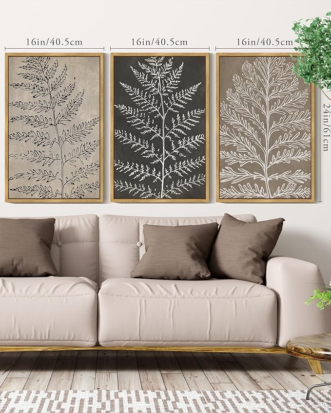 KUVIOKE Vintage Botanical Framed Wall Art Bohemian Tan Plant Leaf Wall Decor Nature Fern Plant Silhouette Wall Painting Home Decor 16x24in (Natural Framed)