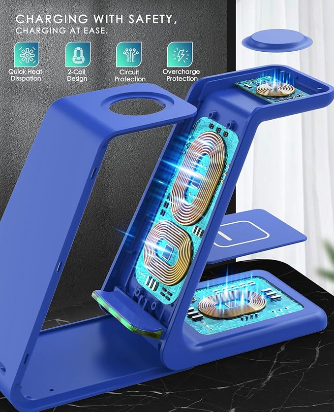3 in 1 Wireless Charging Station, 2025 Upgraded Fast Desk Charger Station for iPhone 17 16 15 14 13 12 Pro Max Plus, Charger Stand for Apple Watch 10 9 8 7 6 5 4 3 2 SE, Airpods 4 3 2 Pro(Blue)