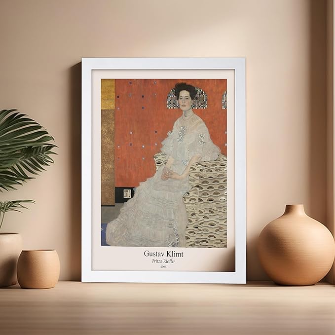 Poster Master Vintage Gustav Klimt Poster - Retro Fritza Riedler Print - Art Nouveau - Portrait Art - Symbolism Art - Aesthetic Art - Classic Painting - Living Room Decor - 16x20 White Framed