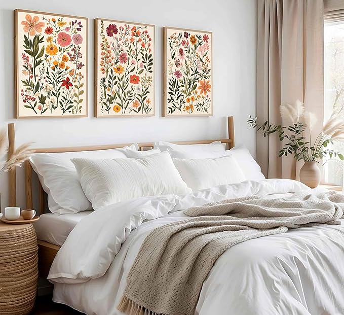 ELESFEK 3Pcs Colorful Wildflower Wall Art Boho Floral Canvas Posters Botanical Prints Flowers Painting Wildflower Nursery Pictures Wall Decor for Living Room Bedroom Unframed