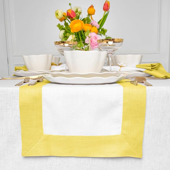 Solino Home Linen Table Runner 108 Inches Long - 100% Pure Linen Sunshine Yellow and White Table Runner 14 x 108 Inch for Spring, Easter - Contempo