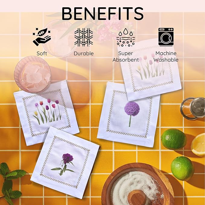 Cocktail Napkins Set of 6, 6x6 inch, 100% Pure Cotton, Printed Floral Design, Reusable & Washable Napkin Coasters for Beverages, Parties, Weddings & Everyday Use (Tulip & Dandelion)