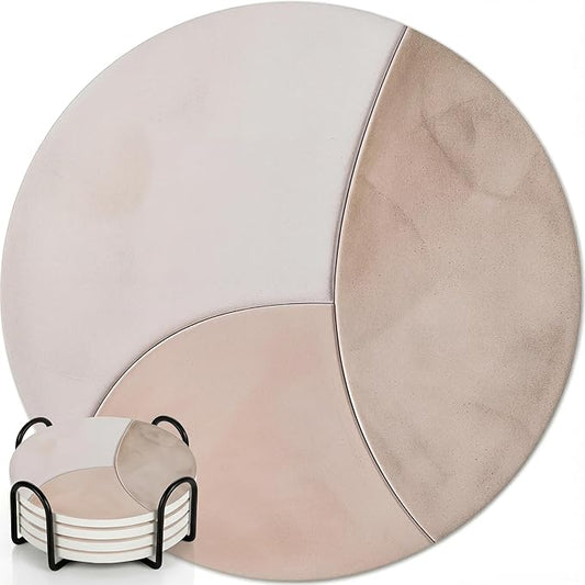 VEYRO Ceramic Coasters Set of 4 – Absorbent Stone Drink Coasters with Holder, Non-Slip Cork Backing, Modern Marble Look Coasters for Coffee Table, Desk & Home Decor