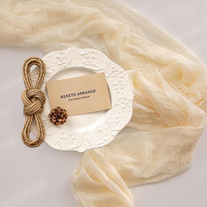 Keketoarrange White Valentines Cheesecloth Table Runner Ivory Cream Gauze Rustic Cheese Cloth Table Runner 120 Inch 10 FT for Wedding Baby Bridal Shower Party Sheer Boho Spring Home Decorations