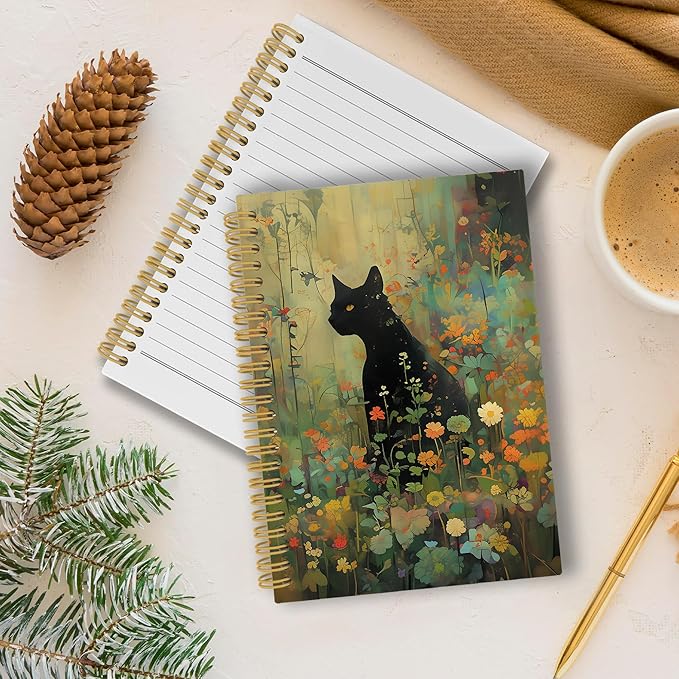 Vintage Black Cat Journal Notebook - Retro Cottagecore Floral Notebooks College Ruled for Work School, Gifts for Cats Lovers Women, Cat Office Supplies, Hardcover Spiral Notebook 5.5"x8.3"