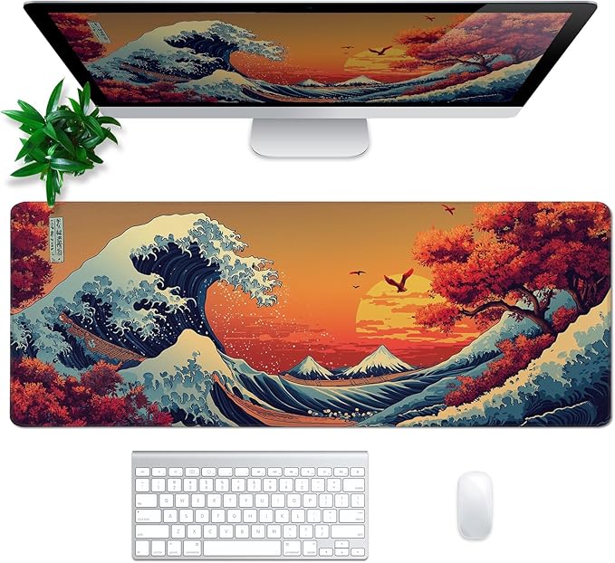 Japanese Gaming Mouse Pad Abstract Red Mouse Pad 31.5x11.8 Inch Red Sea Wave Texture Non-Slip Rubber Base Large Ocean Mousepad Stitched Edges Keyboard Mouse Mat Desk Pad for Office and Home