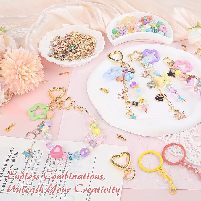 Ecoofor Keychain Making Kit 354pcs - Bag Charm Kit with 136 Charms, 25 Extender Chains, 20 Keychain Clips, Beading Accessories ＆ Jewelry Pliers - DIY Crafting and Jewelry Making for Adults & Kids
