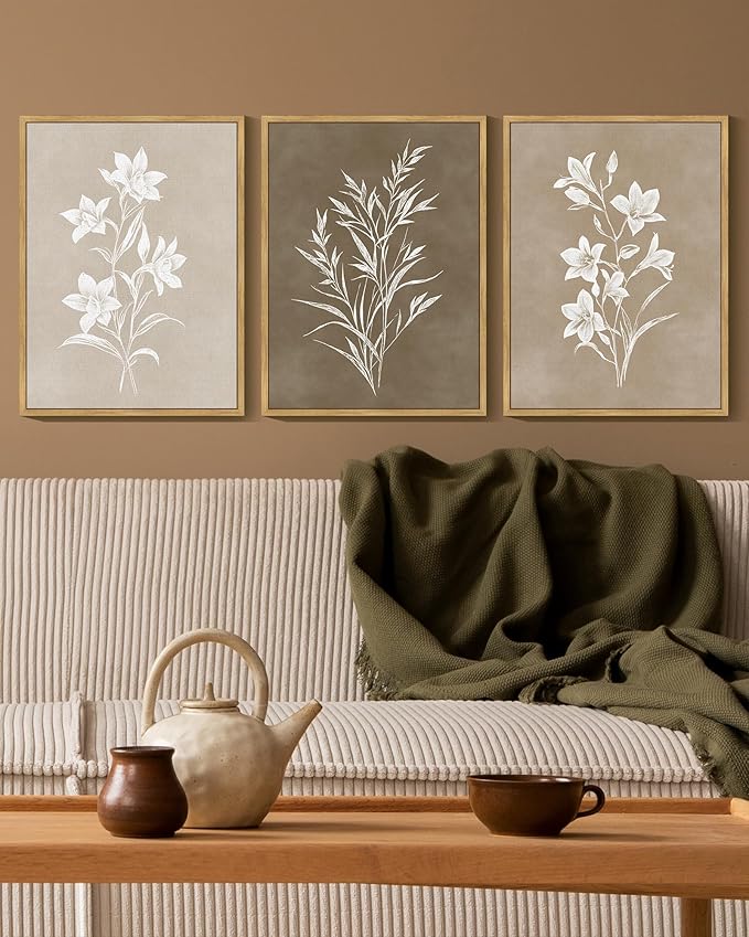 KUVIOKE Vintage Botanical Flower Framed Wall Art Colorful Neutral Boho Floral Wall Decor Botanical Retro Wildflower Modern Art Prints Rustic Home Decor 12x16in (Natural Framed)