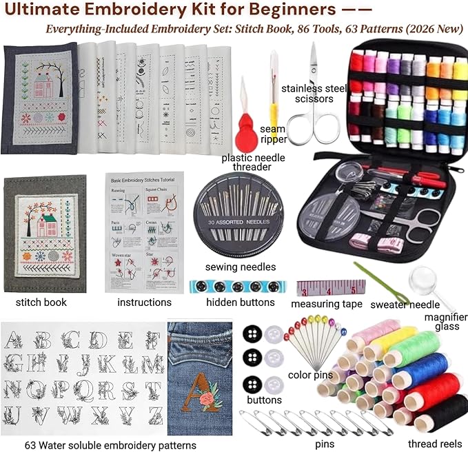 2026 Upgraded Embroidery Stitch Book & Complete Kit for Beginners | Includes 86 Tools,63 Water-Soluble Patterns & 106 Designs with Instructions | Portable Craft Set for Adults & DIY Lovers