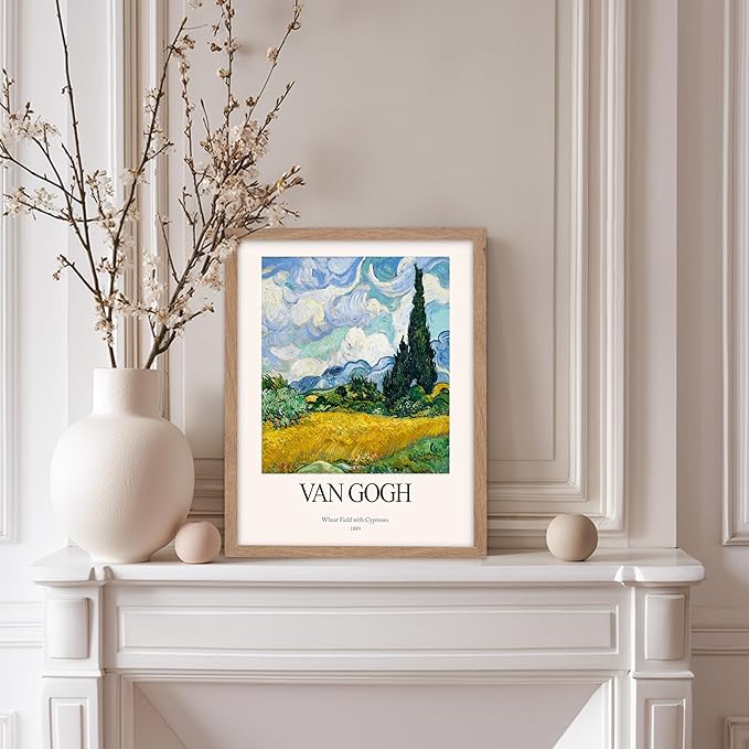 Monem Art Vintage Van Gogh Poster - Retro Impressionist Print - Wheat Field With Cypresses, Trees, Sky, Landscape - Gift for Artist, Friend - Wall Decor for Home, Office, 8x10 Beige Framed