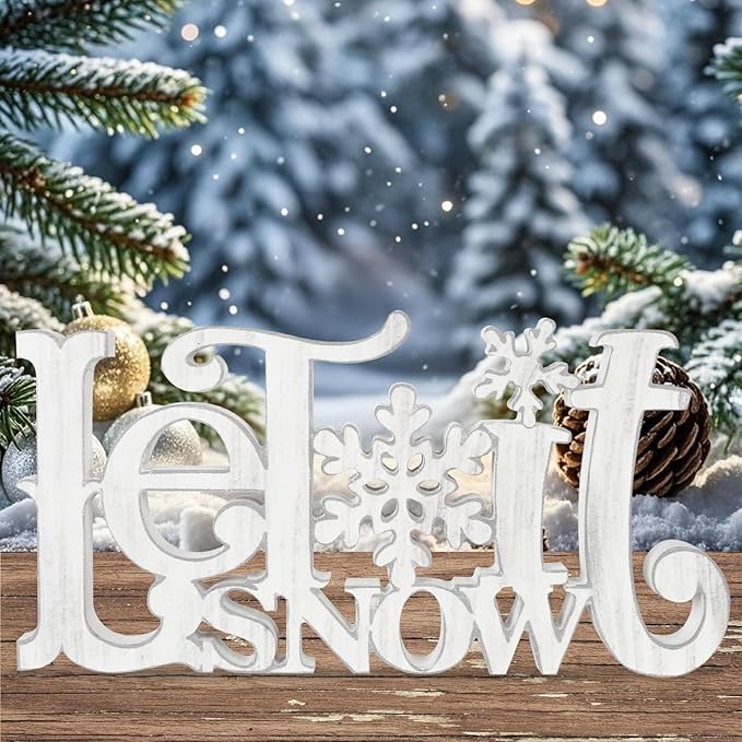 Let It Snow Decorations, Snow Wooden Christmas Table Centerpiece Sign, Tiered Tray Decor for Xmas Winter Holiday Home Decor (Retro)