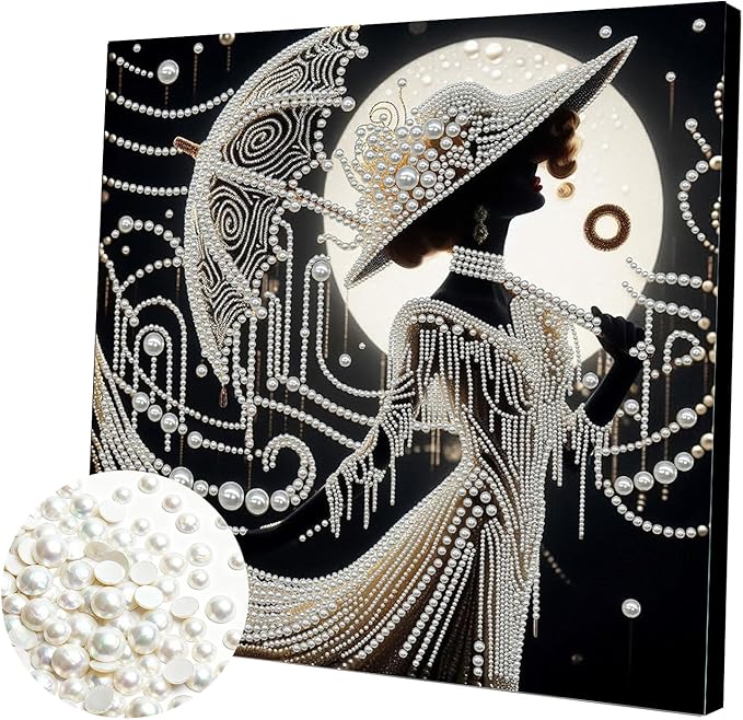 DIY Pearl Painting Kit with Wooden Frame, 3D Plastic Pearl Gemstone Ocean Art Craft for Adults Beginners, Diamond Art Kits for Adults, Home Wall Decor Ready Gift for Women(Umbrella Lady)(30 * 30cm)