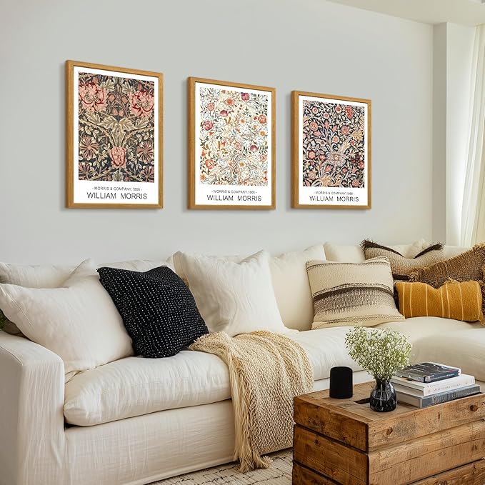LLEEMPI William Morris Wall Art Set of 3, Vintage Botanical Wall Decor, Rustic Farmhouse Canvas Painting, Classic Minimalist Poster Prints for Bedroom Bathroom Office Wood Framed 12x16 Inch