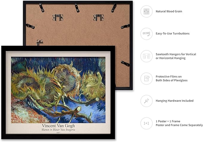 Monem Art Vintage Van Gogh Poster - Retro Blumen in Blauer Vase Anagoria Print - Sunflower Art - Impressionism Art - Fine Art - Classic Painting Art - Bedroom Wall Decor - 16x20 Black Framed