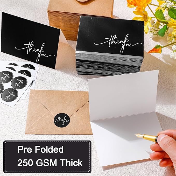 Gueevin 200 Pcs Thank You Cards with Kraft Envelopes and Stickers Bulk, 3.5 x 5 Inch Classy Blank Thank You Notes for Wedding, Business, Graduation, Baby Shower, Bridal Shower, Funeral(Black)