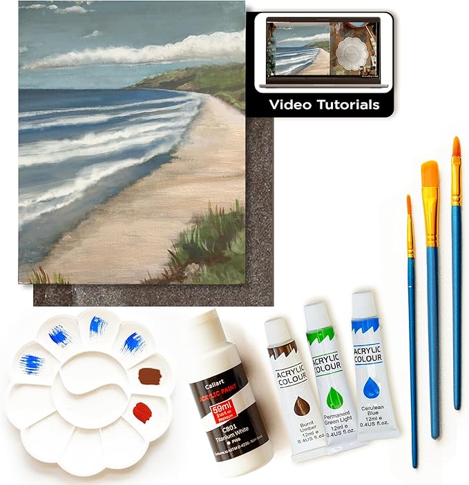 Painting4Real DIY Art Painting Kit for Adults – Learn to Paint Atlantic Coast with Video Tutorials - Step-by-Step Guided 9 Pieces Acrylic Paint Set for Adults - Unique Gift for Art Lovers & Beginners