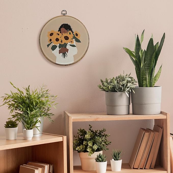 FUGWN Vintage Black Women Floral Round Wall Art Decor Framed, African American Flower Canvas Artwork Prints, Black Women Gifts Wall Hanging Decorations for Home Bedroom Living Room, 10x10 Inch