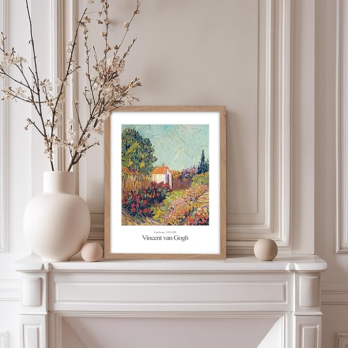 Monem Art Vintage Van Gogh Poster - Retro Impressionist Print - Flower Garden, Cottage, Sky, Colorful, Landscape - Gift for Artist, Friend - Wall Decor for Home, Office, 8x10 Beige Framed