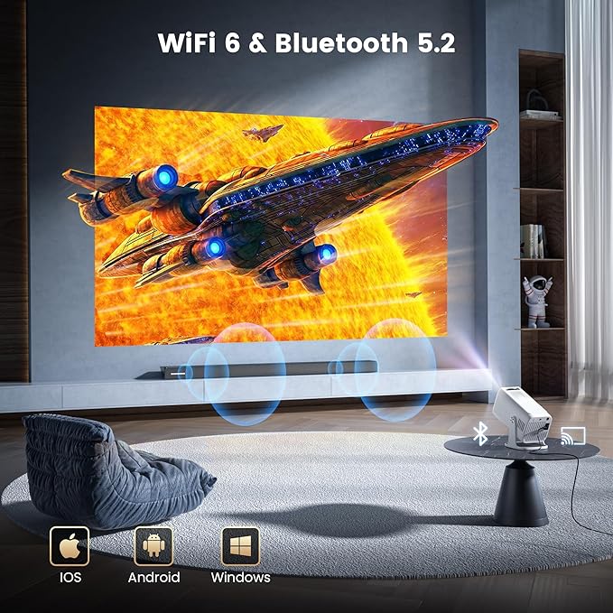 Mini 4K Projector with Wifi and Bluetooth, 1080P Full HD Smart Outdoor Portable Movie Small Projector with 270°Rotatable Stand, Android 13 OS, Auto Keystone, Support Big Screen for Home Bedroom