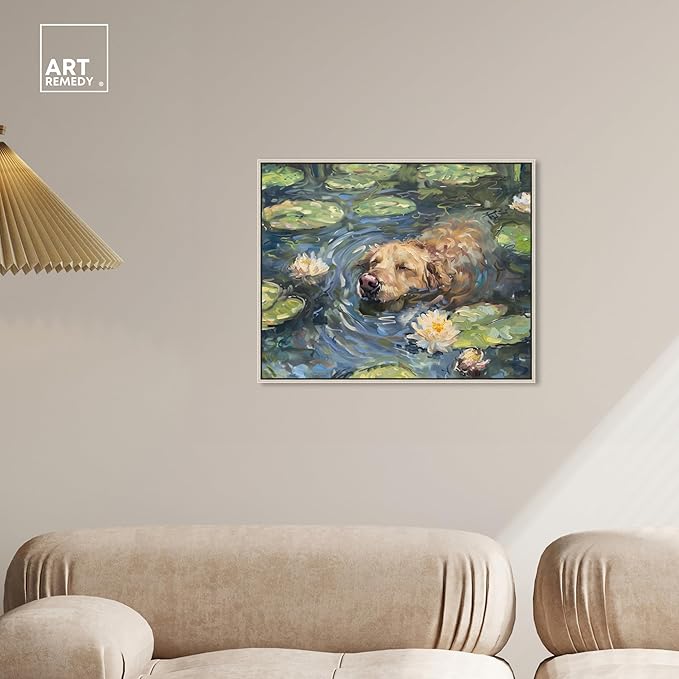 Art Remedy Monet Water Lilies Dog Rustic Chic Farmhouse Canvas Wall Art, Silver Floater Frame, 24"x20"