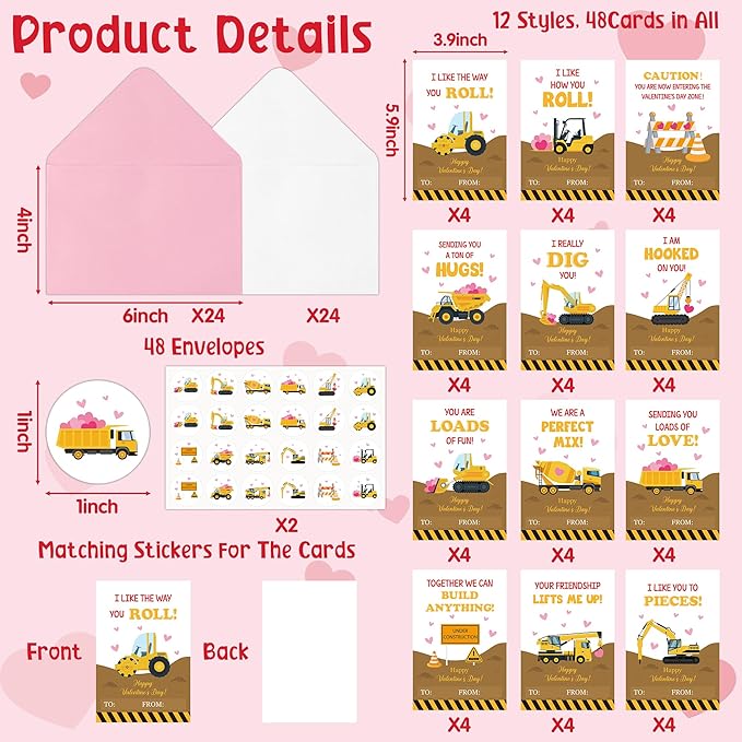 TICIAGA 144pcs Valentine’s Day Construction Truck Greeting Cards with Envelop and Sticker for Kid, 4 x 6 IN Excavator Notecard Exchange Gift for Boy Girl School Classroom Supply, Valentines Party Favor