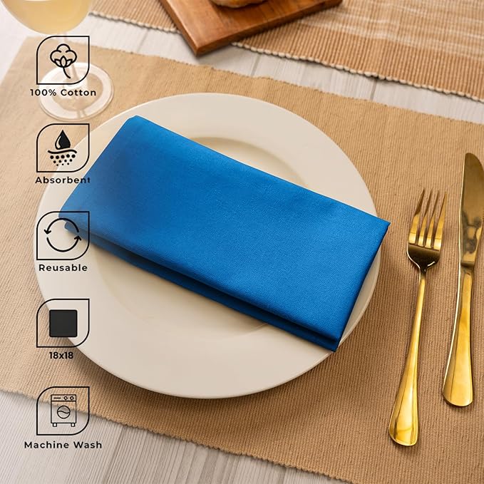 Blue Needles Solid Cloth Napkins Set of 12 Royal Blue 100% Cotton Dinner Napkins 18x18 inches - Soft, Reusable, Absorbent & Washable Linen, Ideal for Christmas Events, Parties & Everyday Use