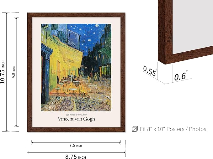 Monem Art Vintage Van Gogh Poster - Retro Impressionist Print - Cafe Terrace at Night, Arles, Stars, Aesthetic - Gift for Artist, Friend - Wall Decor for Home, Office, 8x10 Brown Framed