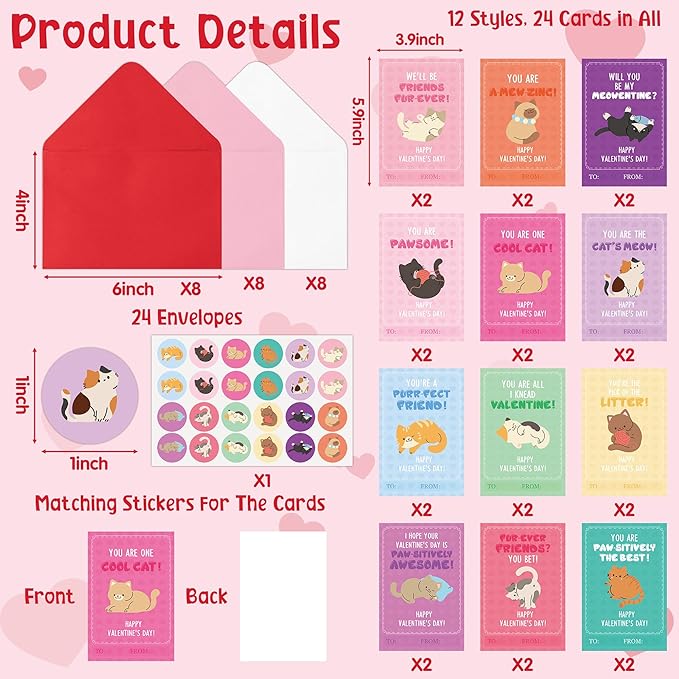 TICIAGA 72pcs Valentine's Day Cartoon Cat Animal Greeting Card with Envelop and Stickers for Kids, Cute Catling Pet Notecard Exchange Gift for Boys and Girls School Classroom Valentines Party Favors
