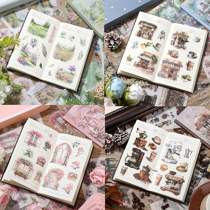 4 Book for Garden Landscape Scrapbooking Stickers Pre-Cut 300 washi Stickers 300 PET Sticker Books for journaling Scrapbook Supplies Transparent Sticker for journaling