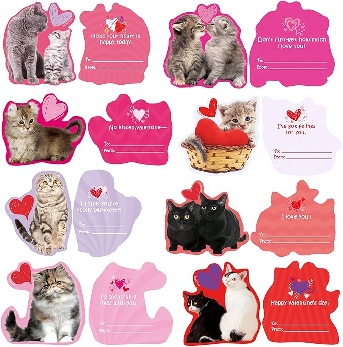 48 Sets Valentine's Day Cards Scratch & Sniff Strawberry Scented Valentine Cards Cat Kitten Pet Love Cards with Envelopes and Heart Stickers Tattoo for Kids Party Favor School Classroom Gift Exchange