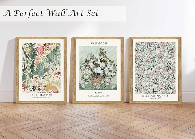 Induslyfe Framed Sage Green Vintage Wall Art Canvas Decor Set of 3, Matisse Wall Art Prints Posters Mid Century Modern Art, Van Gogh Floral Botanical wall art, bathroom, bedroom, living room 12x16